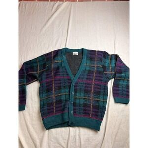 Vintage 90s Alfred Dunner Plaid Cardigan Sweater Mens M Blue Purple Eclectic